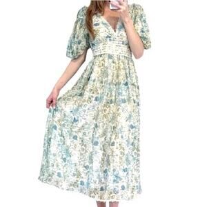 NWT Rococo Sand Elan Dress Puff Sleeve V-neck Metallic Long Dress Size XS